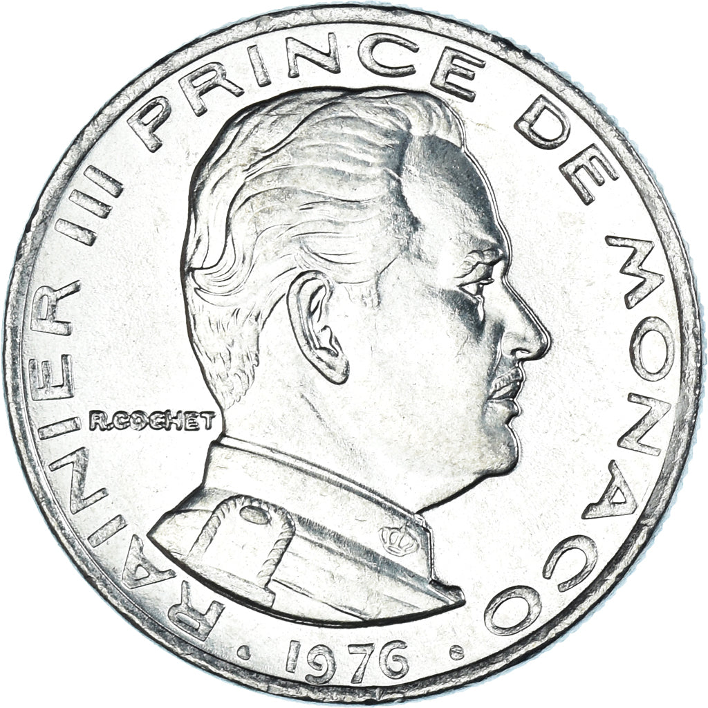 Coin, Monaco, Rainier III, 1/2 Franc, 1976, AU(55-58), Nickel, KM:145