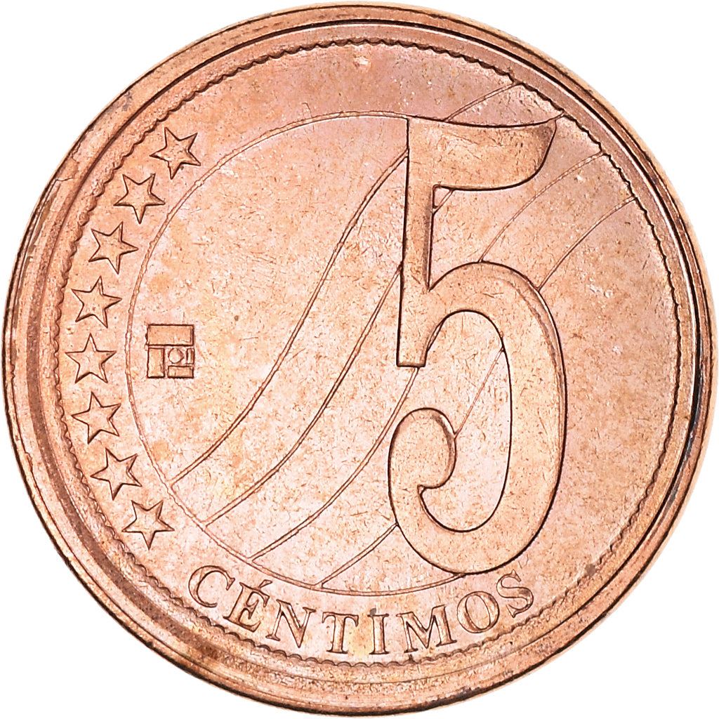 Moeda, Venezuela, 5 Centimos, 2007, Maracay, AU(55-58), Aço Cromado a Cobre