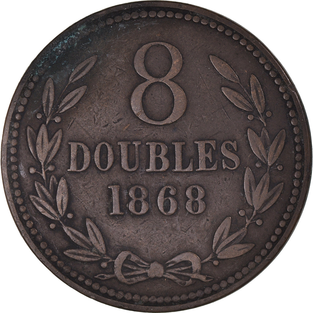 Moneta, Guernsey, 8 Doubles, 1868, Heaton, Birmingham, EF(40-45), Brązowy, KM:7
