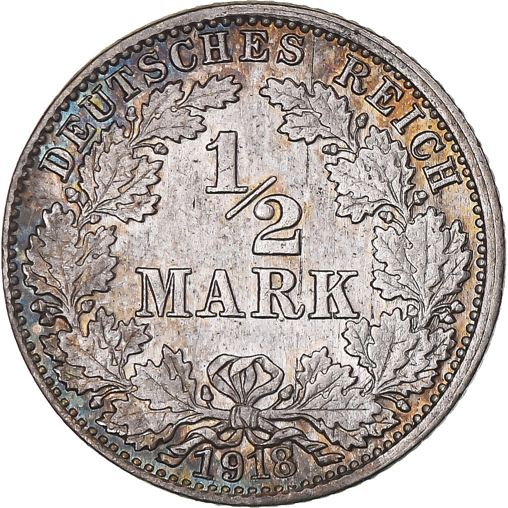 Coin, GERMANY - EMPIRE, 1/2 Mark, 1918, Hamburg, MS(60-62), Silver, KM:17