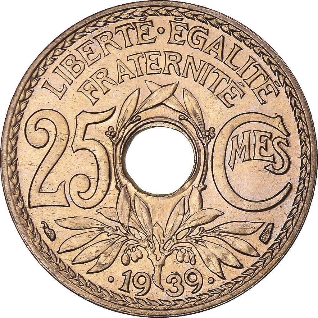 Moneta, Francja, Lindauer, 25 Centimes, 1939, MS(60-62), Nikiel-Brąz, KM:867b