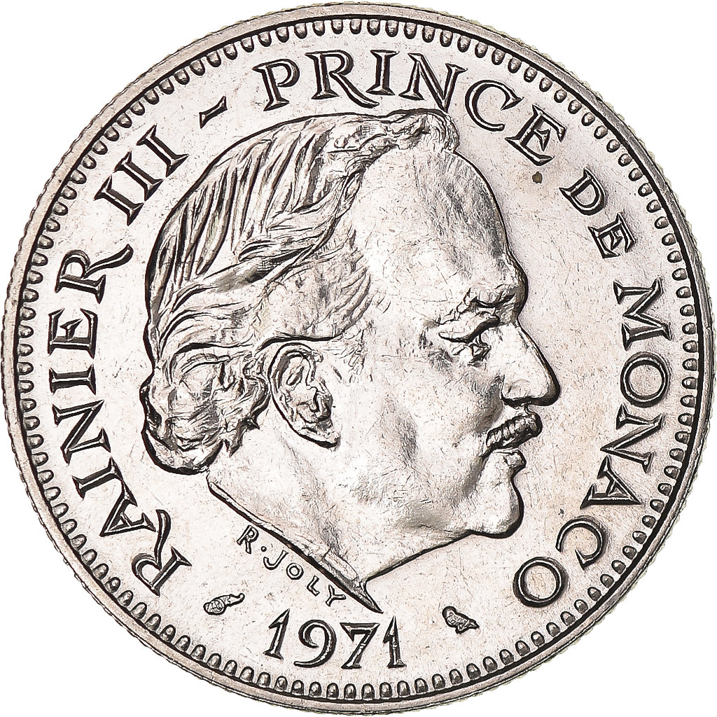 Moeda, Mónaco, Rainier III, 5 Francs, 1971, MS(64), Cobre-níquel, KM:150