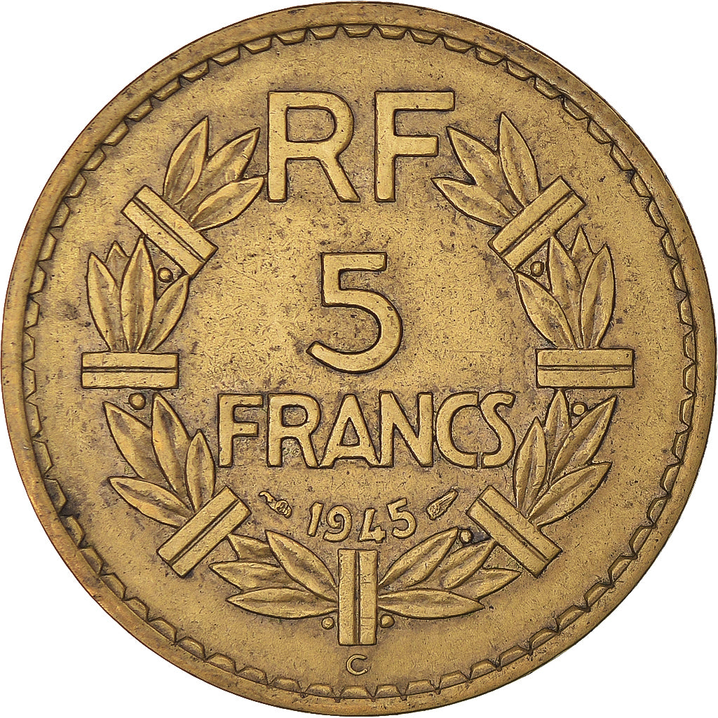 Moneda, Francia, Lavrillier, 5 Francs, 1945, Castelsarrasin, BC+, Aluminio -