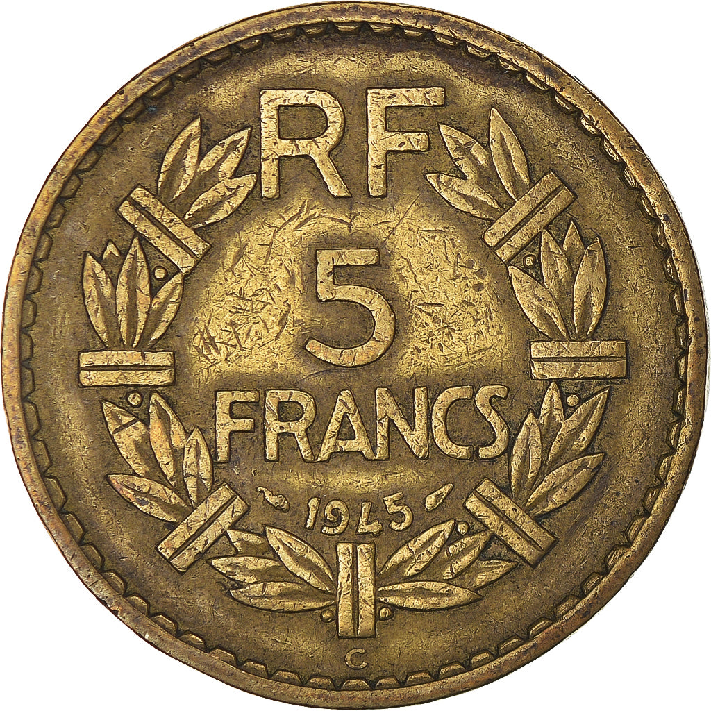 Moneda, Francia, Lavrillier, 5 Francs, 1945, Castelsarrasin, BC+, Aluminio -