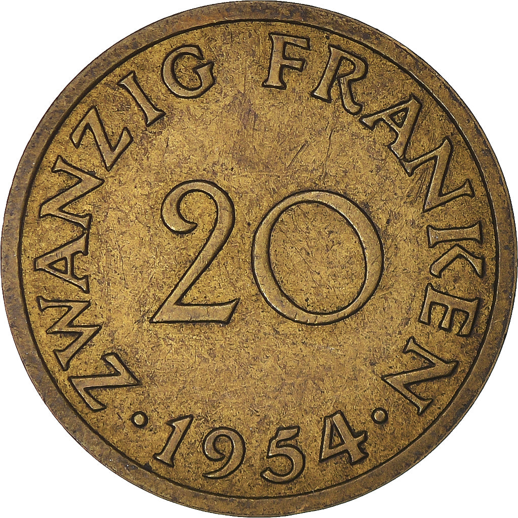 Münze, SAARLAND, 20 Franken, 1954, Paris, SS, Aluminum-Bronze, KM:2