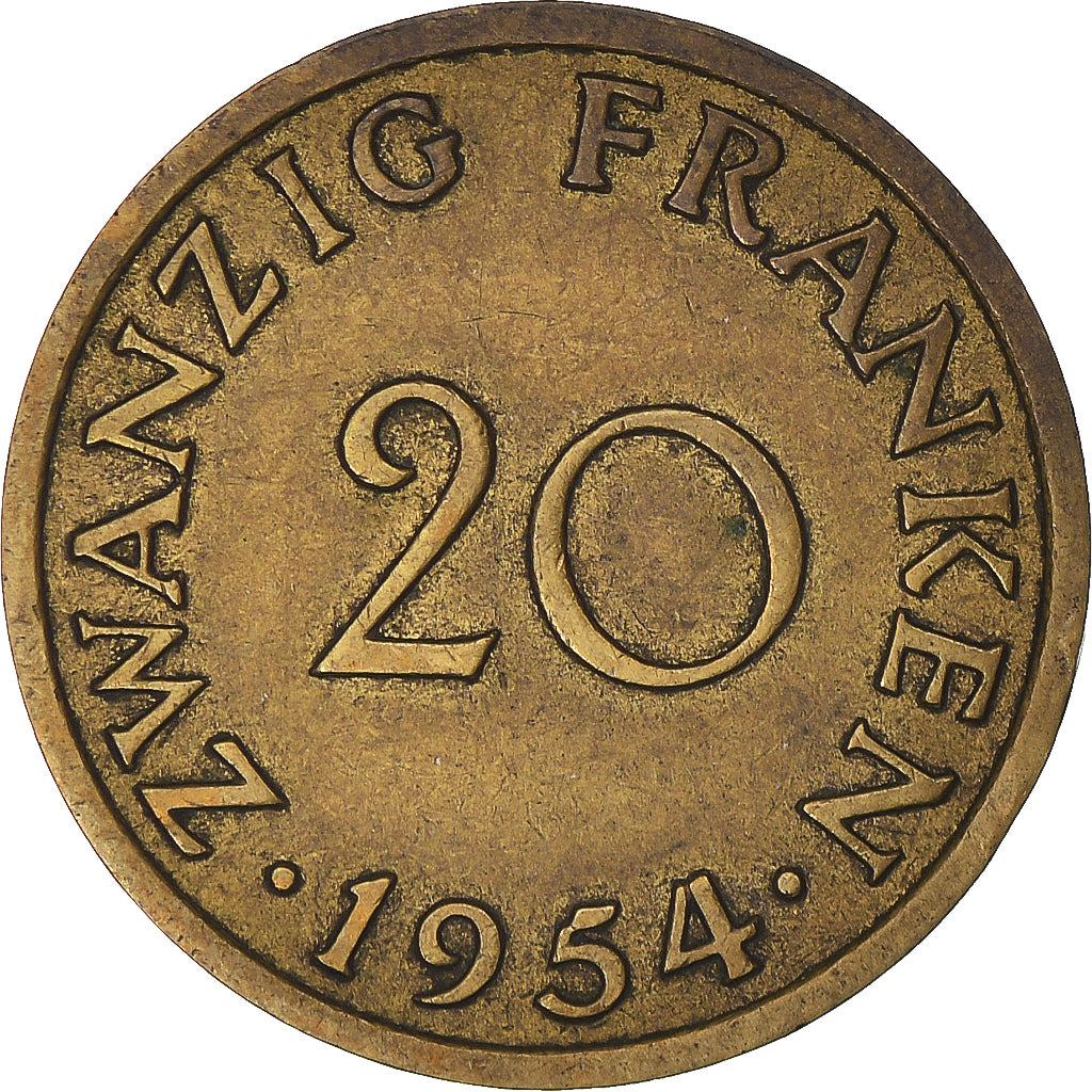 Coin, SAARLAND, 20 Franken, 1954, Paris, EF(40-45), Aluminum-Bronze, KM:2