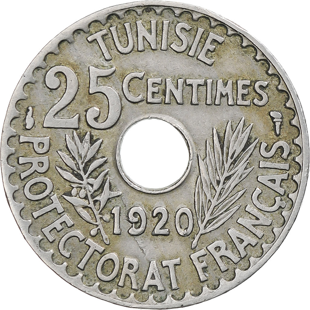 Tunisia, Muhammad al-Nasir Bey, 25 Centimes, 1920, Paris, Nichel-bronzo, BB