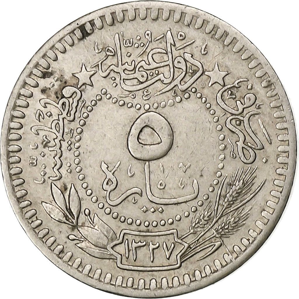 Coin, Turkey, Muhammad V, 5 Para, 1910, Qustantiniyah, EF(40-45), Nickel, KM:759