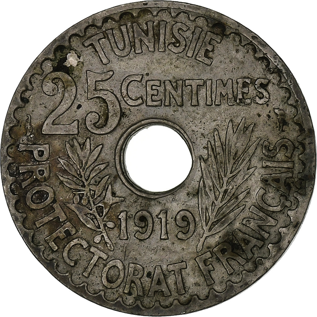 Coin, Tunisia, Muhammad al-Nasir Bey, 25 Centimes, 1919, Paris, VF(20-25)