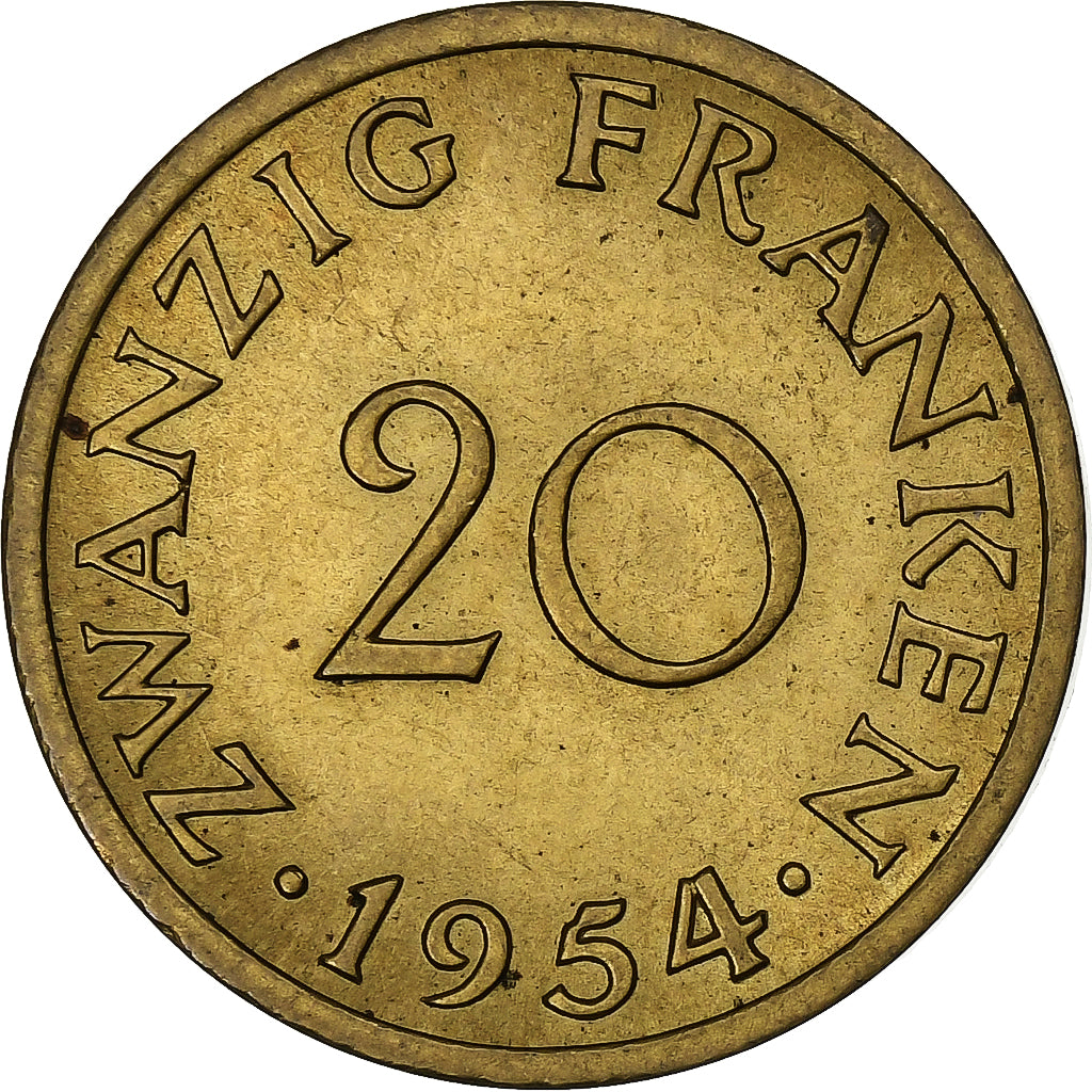 Coin, SAARLAND, 20 Franken, 1954, Paris, AU(55-58), Aluminum-Bronze, KM:2