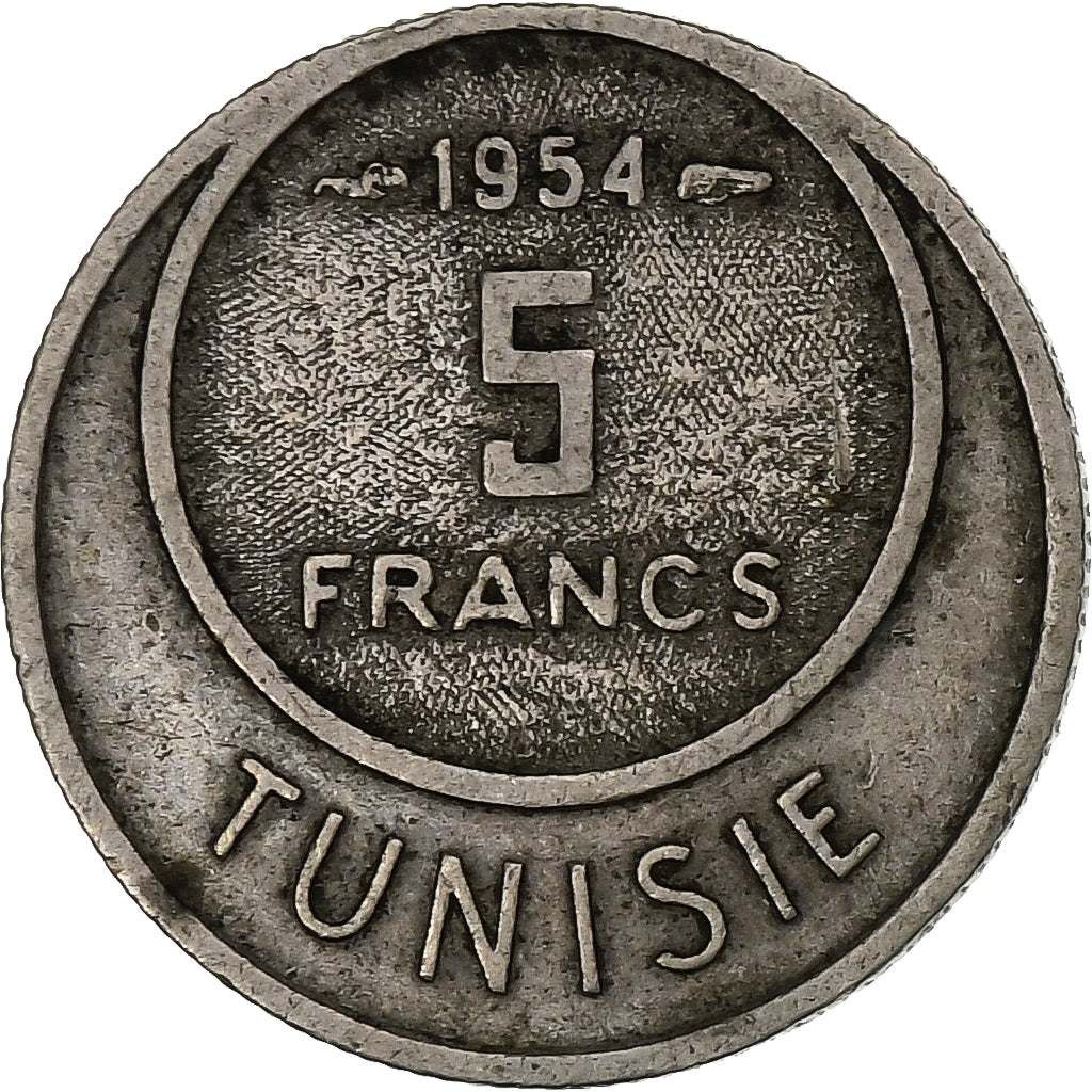 Tunísia, Muhammad al-Amin Bey, 5 Francs, 1954, Paris, Cobre-níquel, EF(40-45)