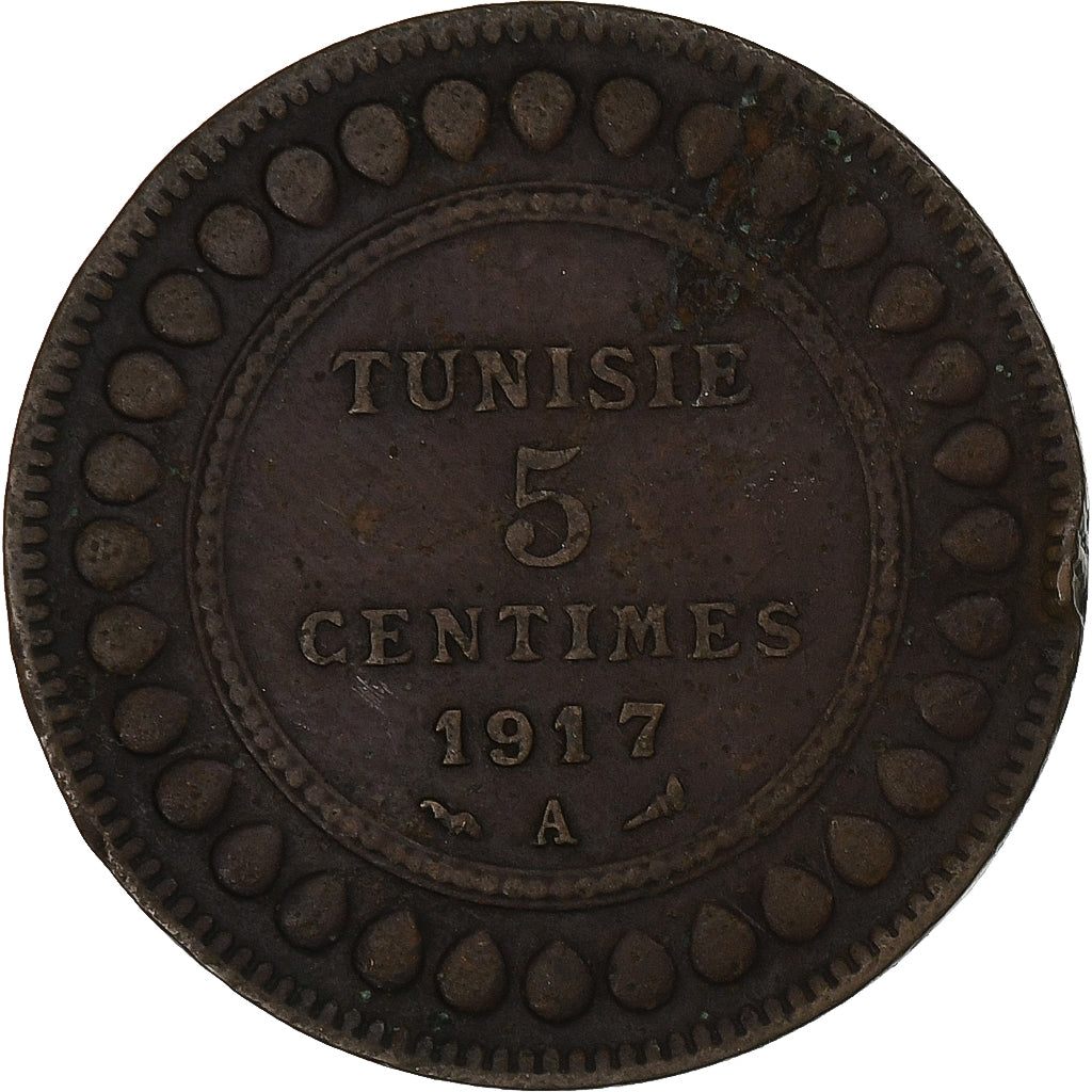 Tunisia, Muhammad al-Nasir Bey, 5 Centimes, 1917, Paris, Brązowy, EF(40-45)