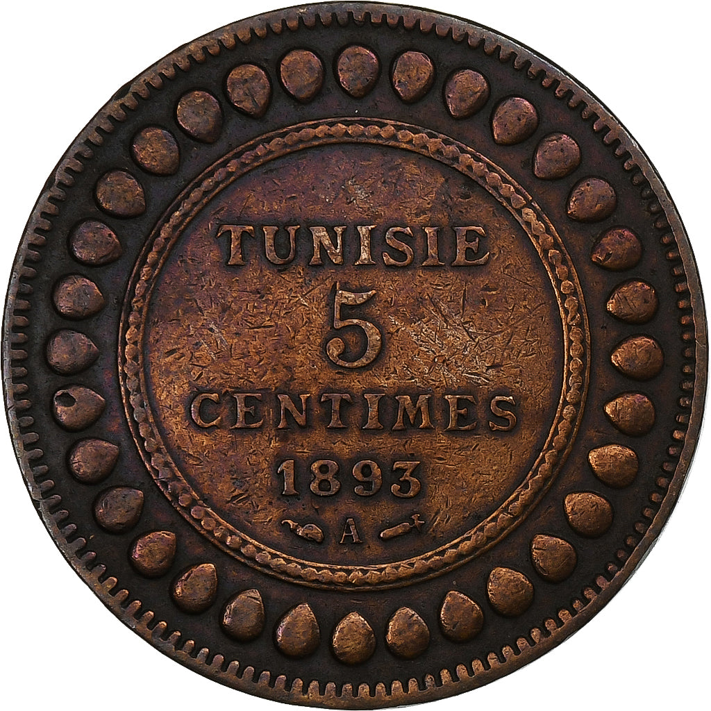 Túnez, Ali Bey, 5 Centimes, 1893, Paris, Bronce, MBC, KM:221