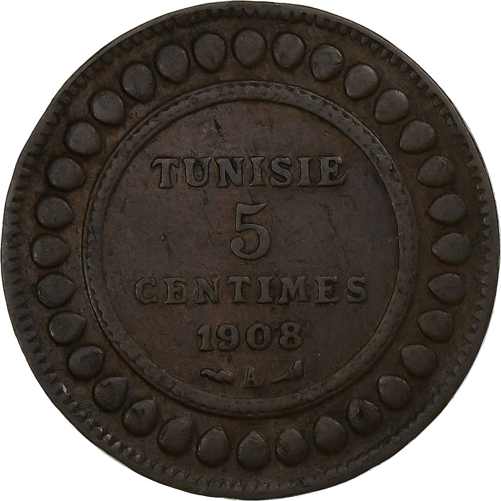 Tunisia, Muhammad al-Nasir Bey, 5 Centimes, 1908, Paris, Bronze, EF(40-45)