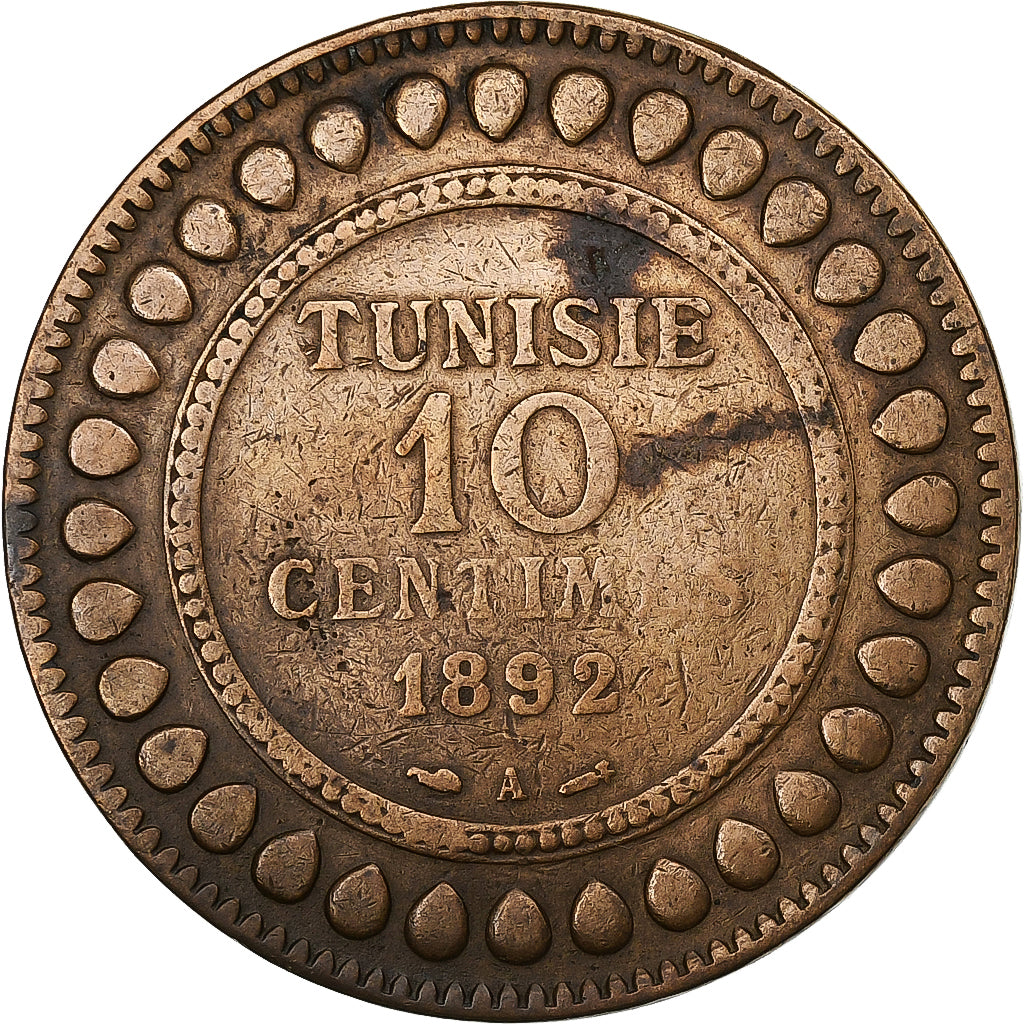 Tunisia, Ali Bey, 10 Centimes, 1892, Paris, Bronze, VF(30-35), KM:222