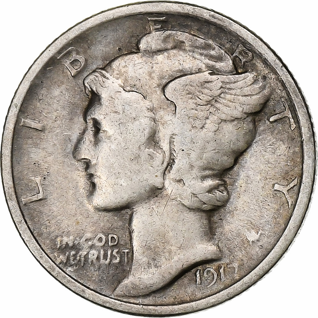 United States, Mercury Dime, Mercury Dime, 1917, U.S. Mint, Silver, EF(40-45)