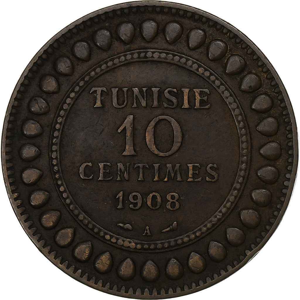 Tunisia, Muhammad al-Nasir Bey, 10 Centimes, 1908, Paris, Bronze, EF(40-45)