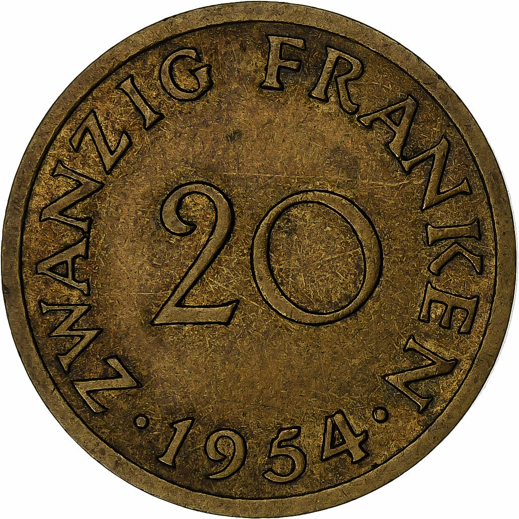 SAARLAND, 20 Franken, 1954, Paris, Alluminio-bronzo, BB, KM:2