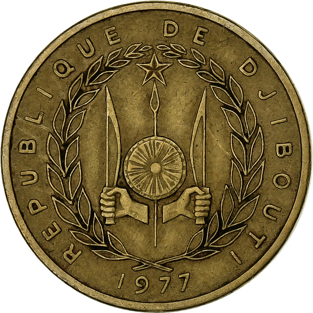 Dżibuti, 10 Francs, 1977, Paris, Aluminium-Brąz, EF(40-45), KM:23