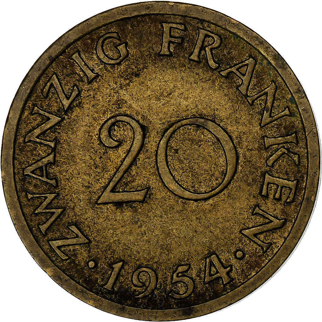 SAARLAND, 20 Franken, 1954, Paris, Aluminum-Bronze, EF(40-45), KM:2