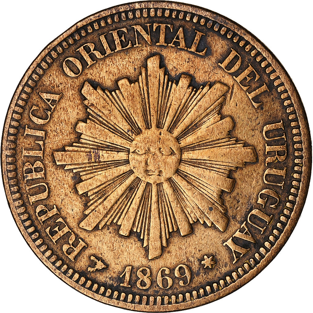 Uruguay, 2 Centesimos, 1869, Uruguay Mint, Bronze, EF(40-45), KM:12