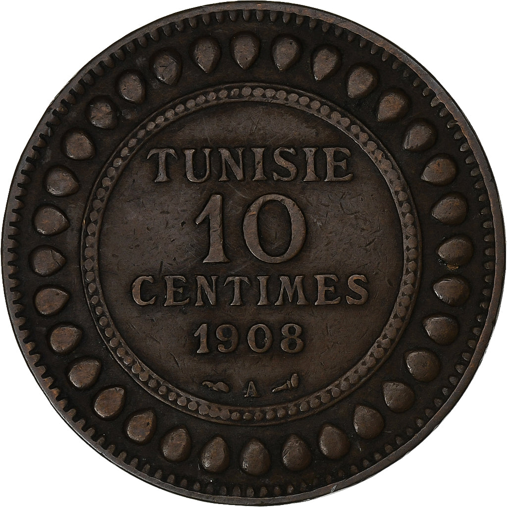 Tunísia, Muhammad al-Nasir Bey, 10 Centimes, 1908, Paris, Bronze, EF(40-45)