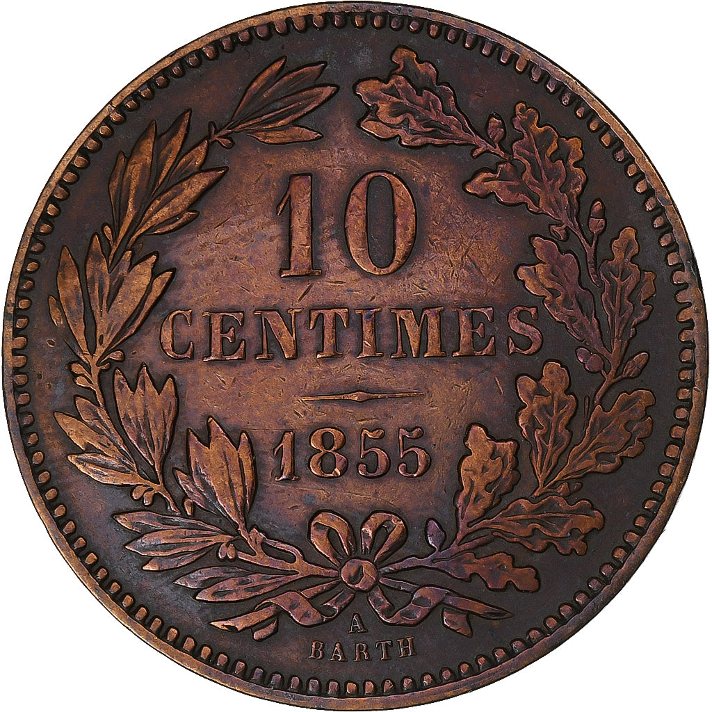 Lussemburgo, William III, 10 Centimes, 1855, Paris, Bronzo, BB, KM:23.2