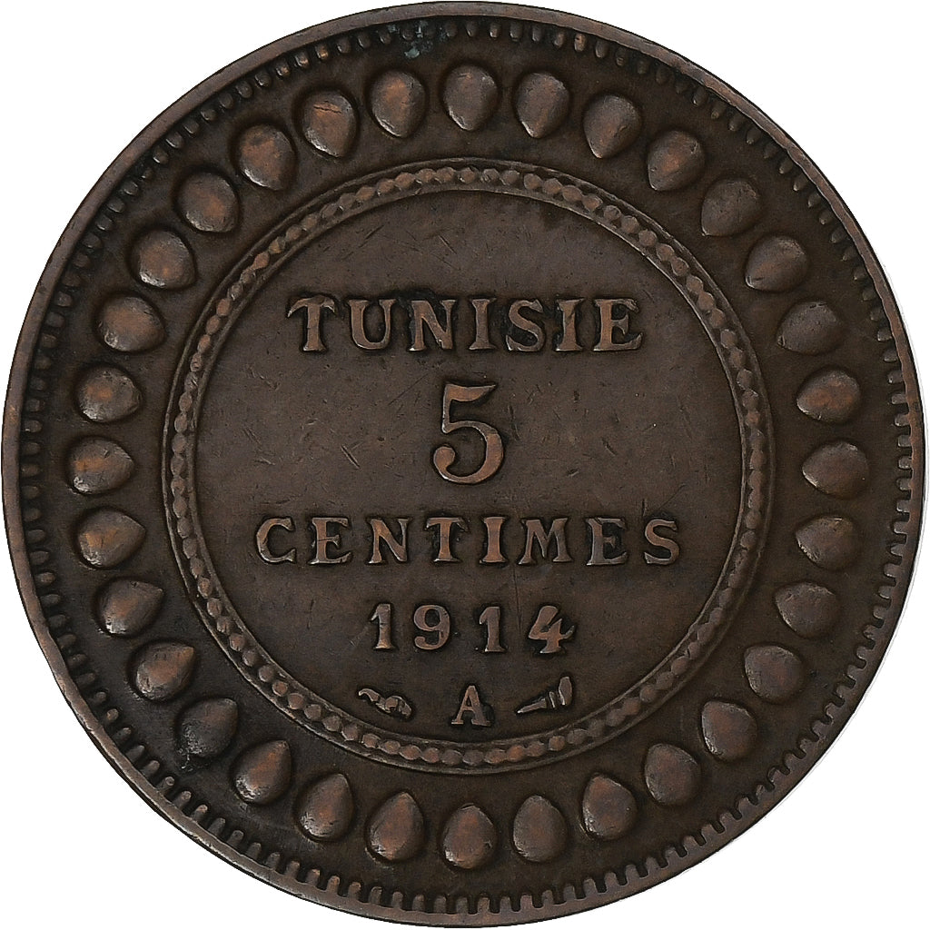 Tunisia, Muhammad al-Nasir Bey, 5 Centimes, 1914, Paris, Bronze, EF(40-45)