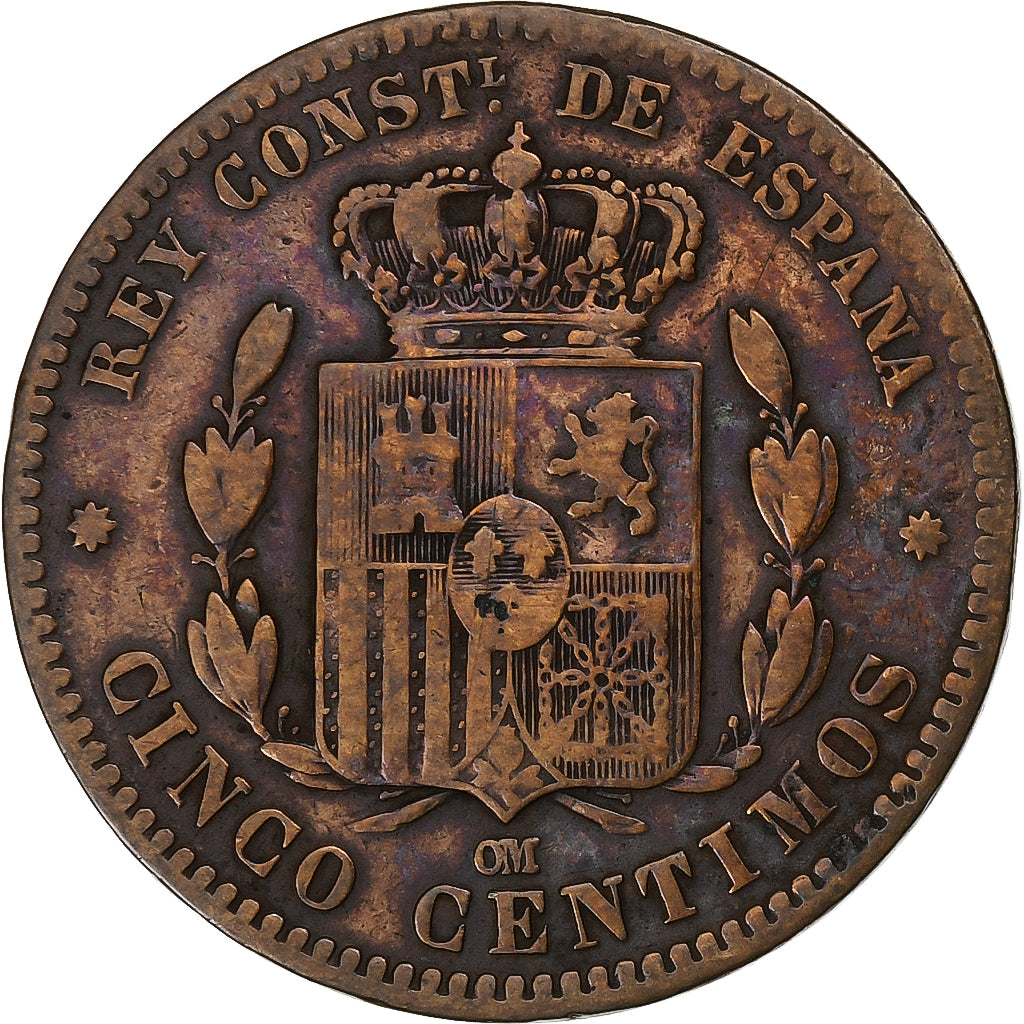 Spagna, Alfonso XII, 5 Centimos, 1877, Barcelone, Bronzo, MB+, KM:674