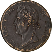 KOLONIE FRANCUSKIE, Charles X, 10 Centimes, 1828, Paris, Brązowy, EF(40-45)