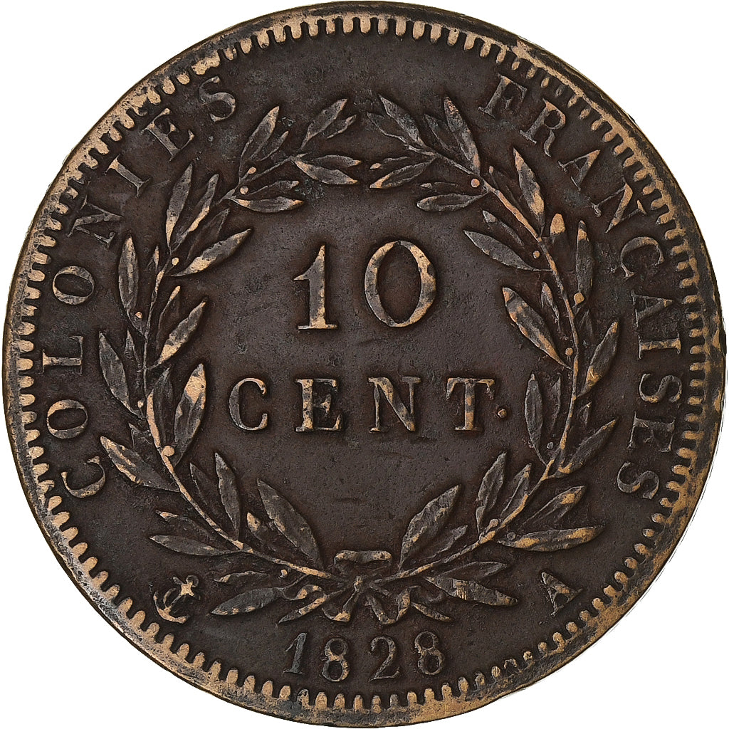 KOLONIE FRANCUSKIE, Charles X, 10 Centimes, 1828, Paris, Brązowy, EF(40-45)