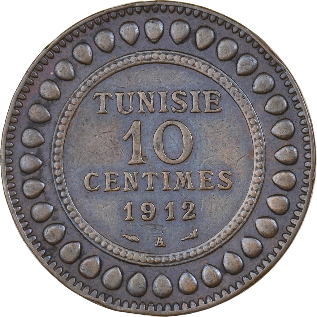 Tunisia, Muhammad al-Nasir Bey, 10 Centimes, 1912, Paris, Brązowy, EF(40-45)