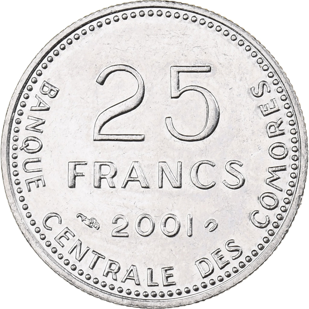 Comoros, 25 Francs, 2001, Paris, Steel, MS(63), KM:14A