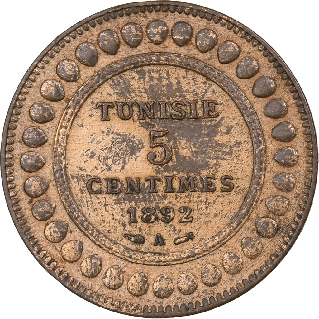 Tunisië, Ali Bey, 5 Centimes, 1892, Paris, Bronzen, ZF+, KM:221