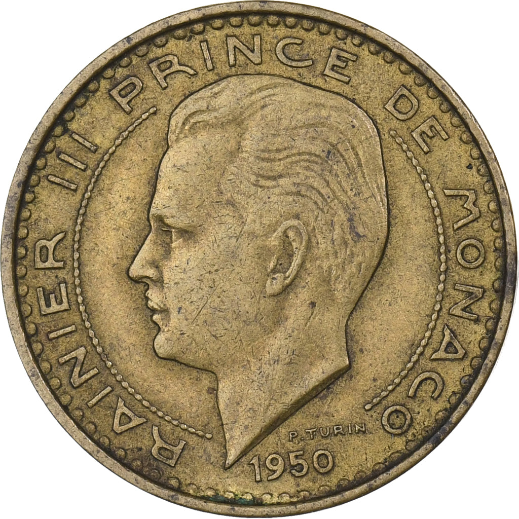 Mónaco, Rainier III, 10 Francs, 1950, Aluminio - bronce, BC+, KM:130