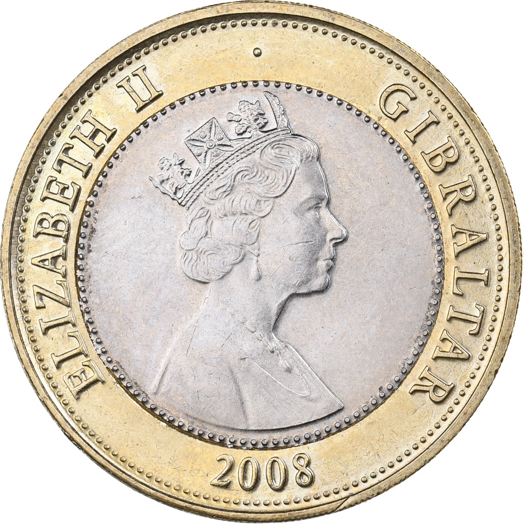 Gibraltar, Elizabeth II, 2 Pounds, 2008, Bi-Metallic, MS(63), KM:1092