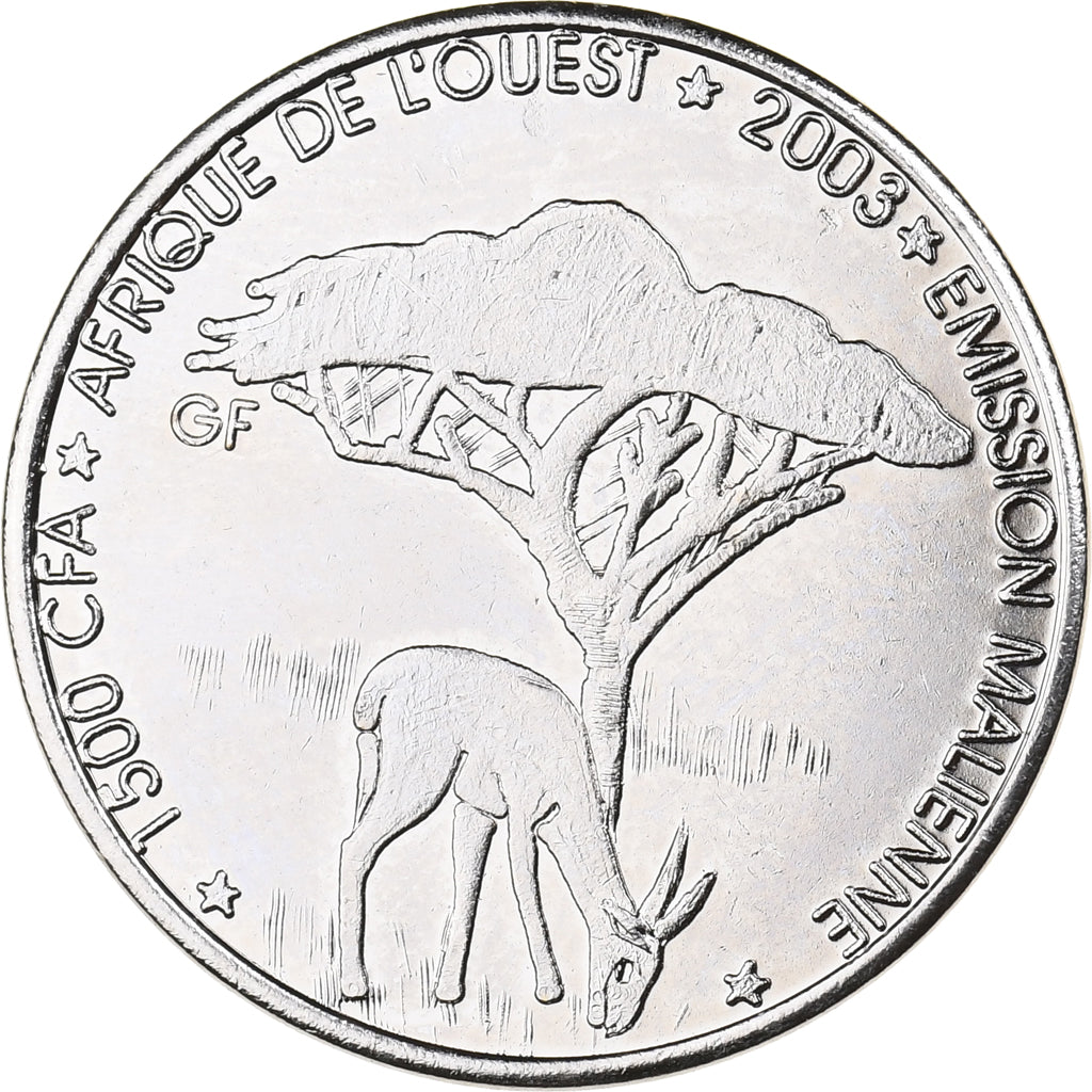 Mali, 1500 CFA Francs-1 Africa, 2003, Paris, Acciaio placcato nichel, SPL, KM:17