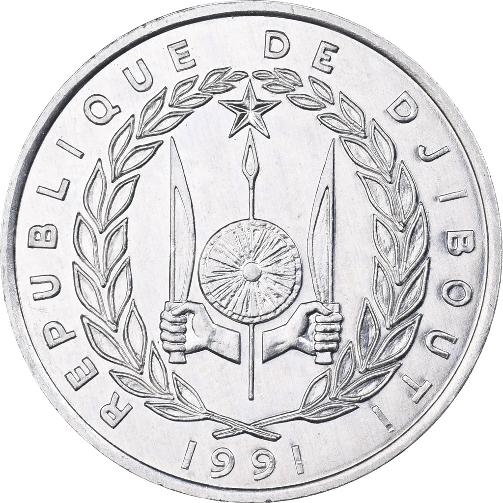 Djibouti, 5 Francs, 1991, Paris, Aluminum, MS(65-70), KM:22