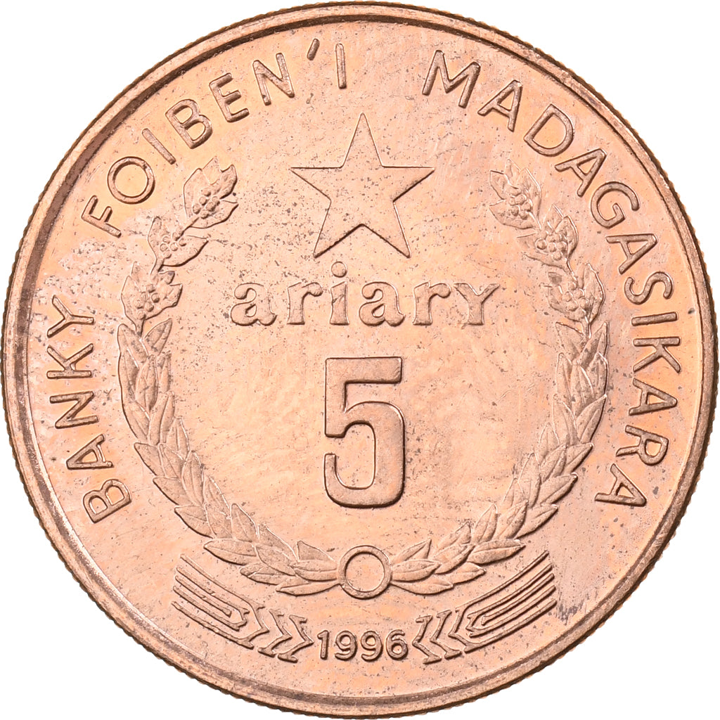 Madagascar, 5 Ariary, 1996, Acciaio placcato rame, SPL, KM:23
