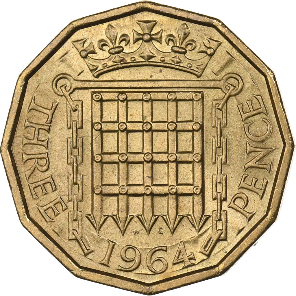 Gran Bretaña, Elizabeth II, 3 Pence, 1964, Níquel - latón, SC, KM:900