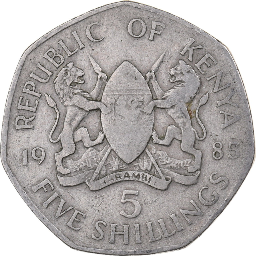 Quénia, 5 Shillings, 1985, British Royal Mint, Cobre-níquel, VF(20-25), KM:23