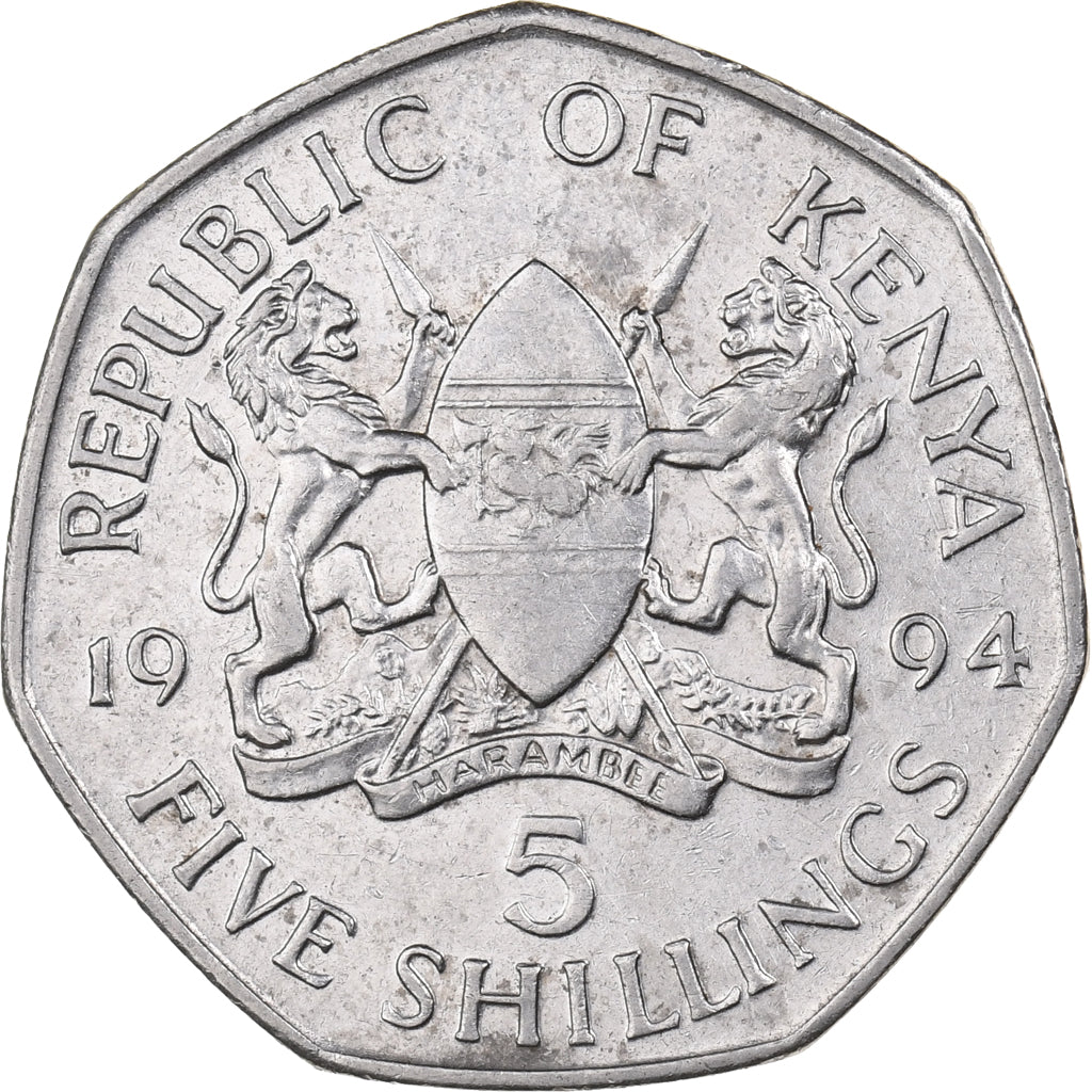Kenya, 5 Shillings, 1994, British Royal Mint, Nickel plated steel, MS(63)