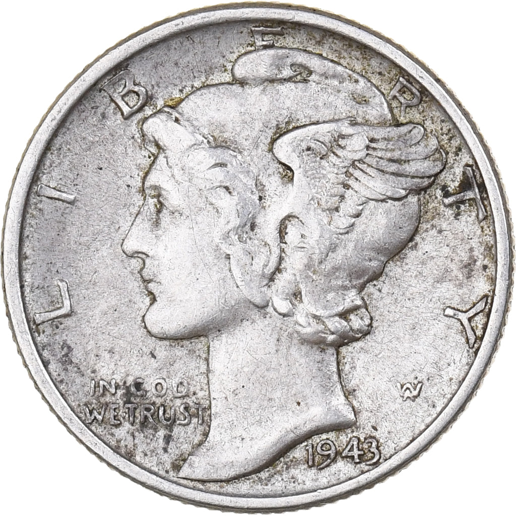 United States, Dime, Mercury Dime, 1943, U.S. Mint, Silver, EF(40-45), KM:140