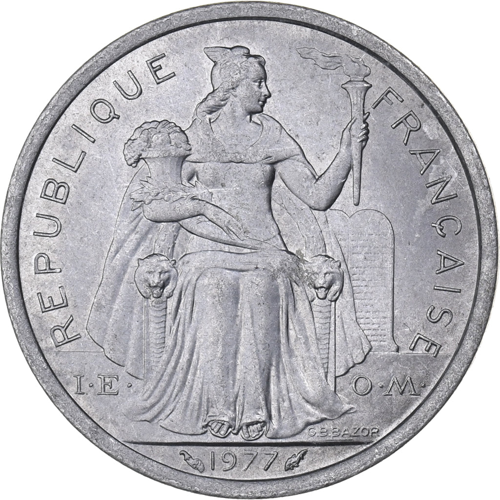 French Polynesia, 2 Francs, 1977, Paris, Aluminum, AU(55-58), KM:10