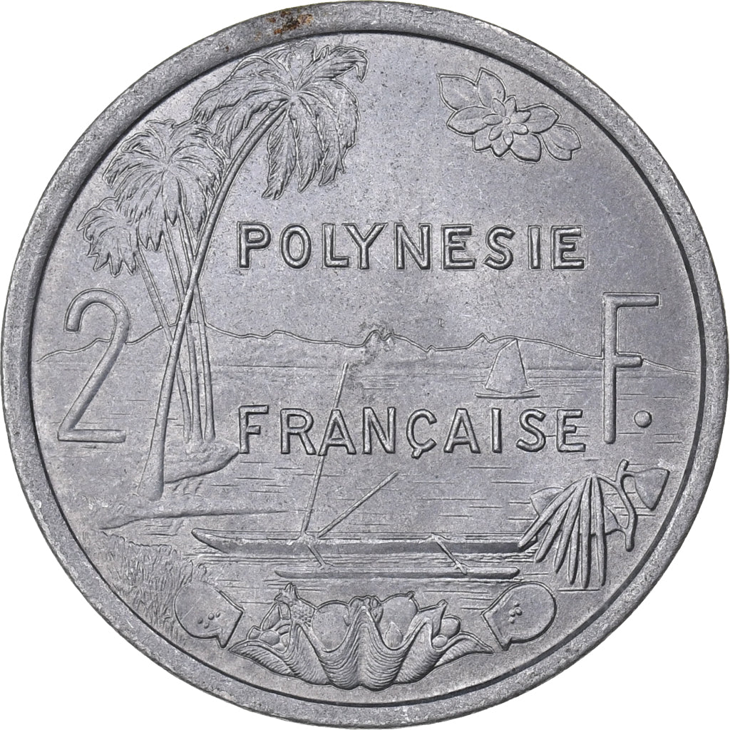 French Polynesia, 2 Francs, 1977, Paris, Aluminum, AU(55-58), KM:10