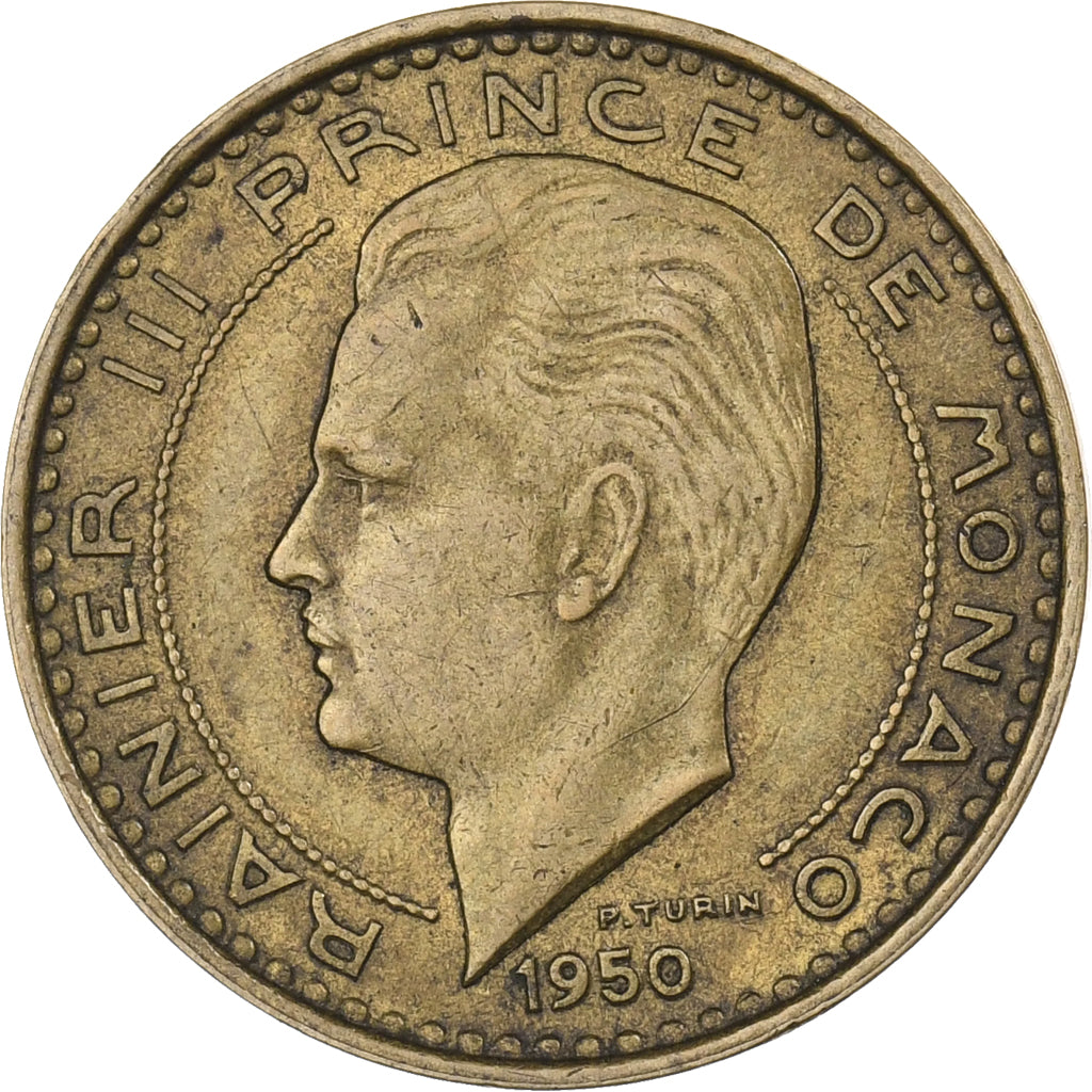 Mónaco, Rainier III, 10 Francs, 1950, Paris, Aluminio - bronce, MBC, KM:130