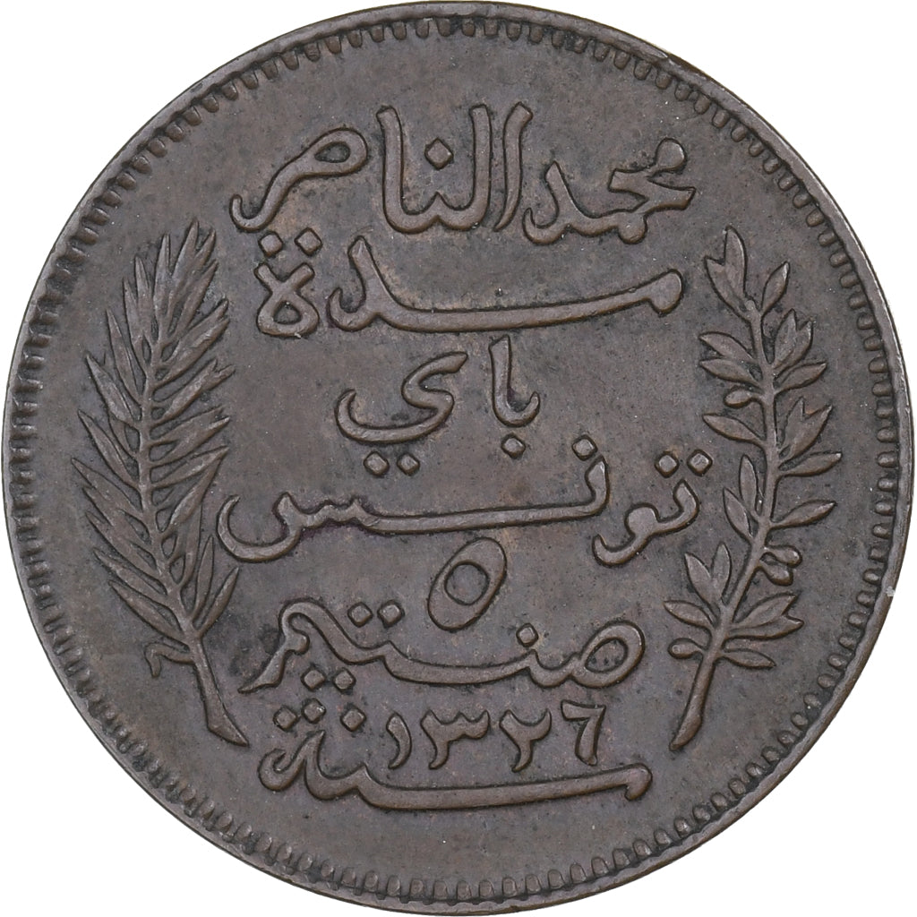 Tunisië, Muhammad al-Nasir Bey, 5 Centimes, 1908, Paris, Bronzen, ZF, KM:235