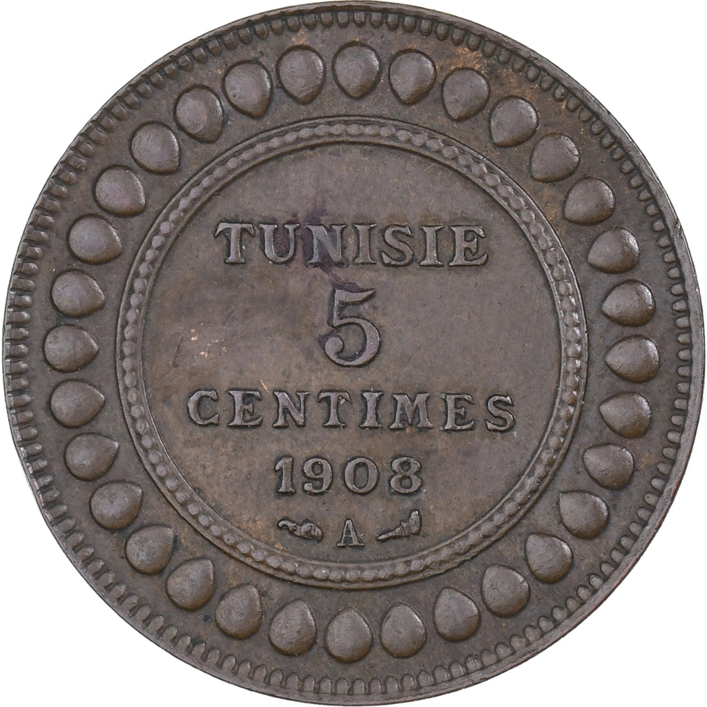 Tunisië, Muhammad al-Nasir Bey, 5 Centimes, 1908, Paris, Bronzen, ZF, KM:235