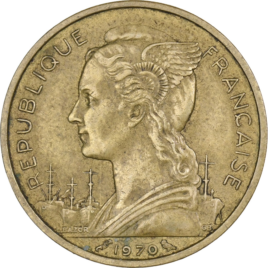 Réunion, 20 Francs, 1970, Aluminum-Nickel-Bronze, EF(40-45), KM:11a