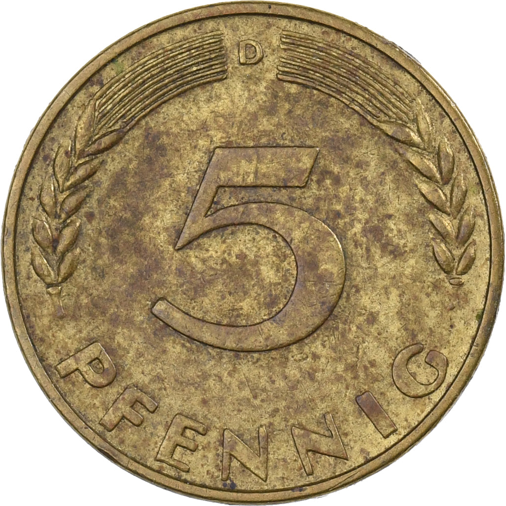 ALEMANIA - REPÚBLICA FEDERAL, 5 Pfennig, 1950, Munich, Latón recubierto de